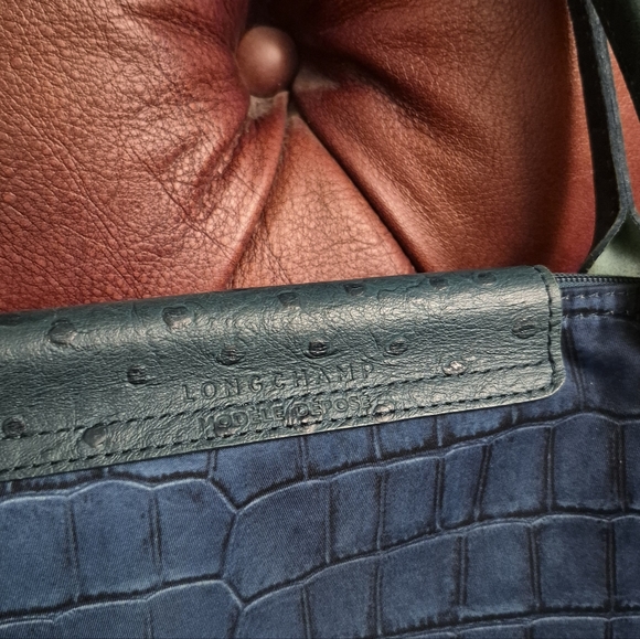 Rare Longchamp Le Pliage Ostrich Trim Nylon Croc Print Tote Blue/teal - Picture 4 of 16